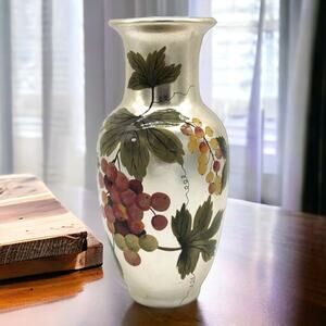 Andrea by Sadek Vintage 1970s Handpainted Ceramic Silver Vase Grapes Leaves (a)